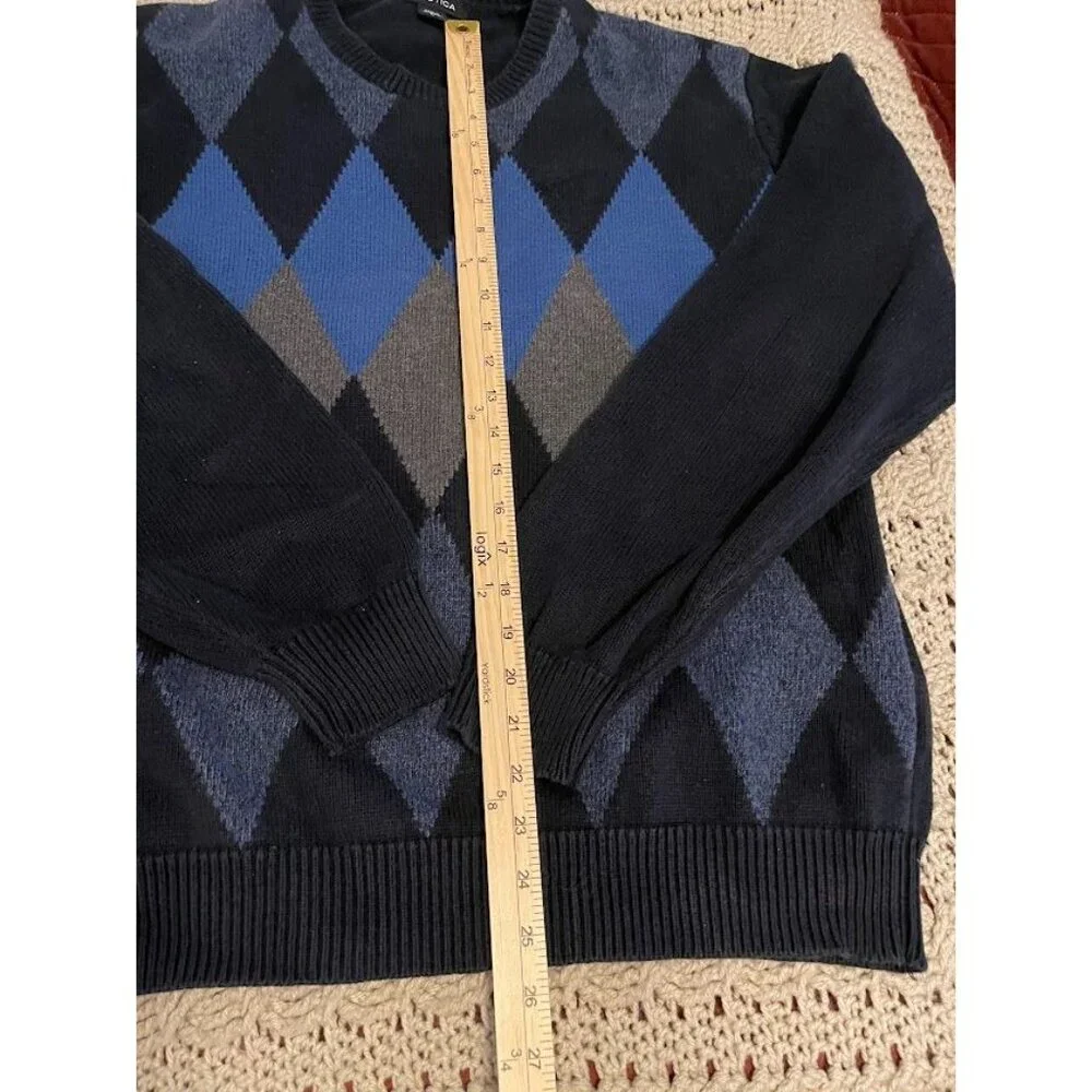 Nautica Mens Argyle Sweater L Black Blue Gray 100% Cotton Classic Knit Long Slee